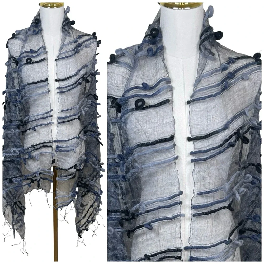 Borsel Imports Silk Blend Felted Sheer Scarf Womens Gray Blue Textured Wrap